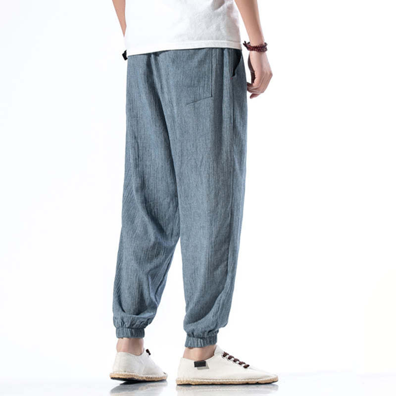 Casual Solid Color Drawstring Linen Men's Pants With Pockets