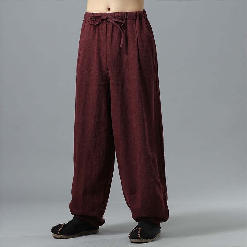 Casual Solid Color Drawstring Cotton Linen Men's Pants With Pockets