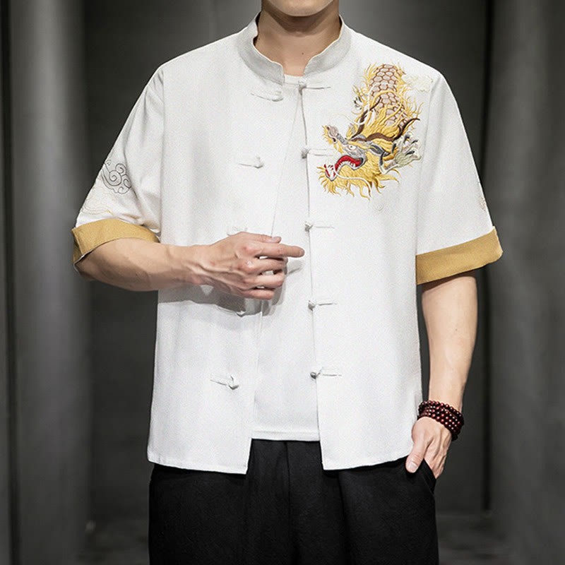 Frog-Button Chinese Dragon Auspicious Cloud Embroidery Half Sleeve Shirt Cotton Linen Men Clothing