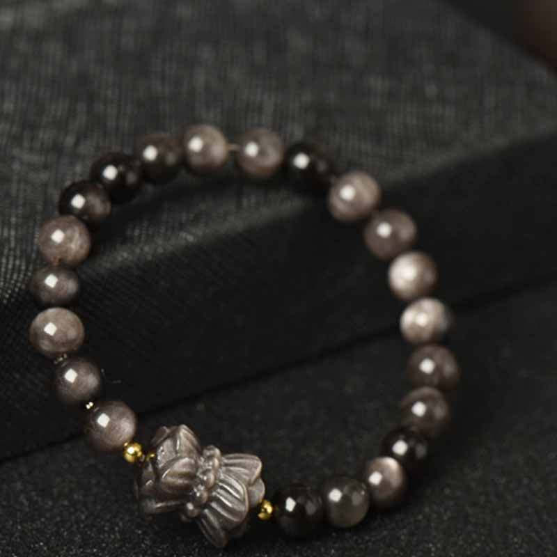 Silver Sheen Obsidian Lotus Flower Nine Tailed Fox Laughing mystic zen Protection Bracelet
