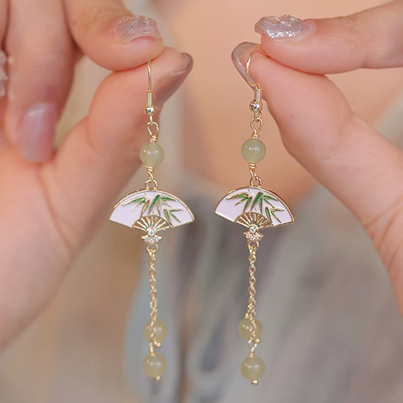 14K Gold Filled Copper Jade Fan Bamboo Abundance Earrings