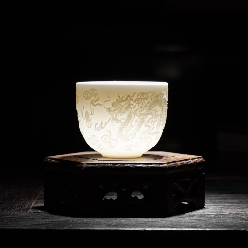 Dragon Phoenix Relief White Porcelain Ceramic Teacup Kung Fu Tea Cup 115ml