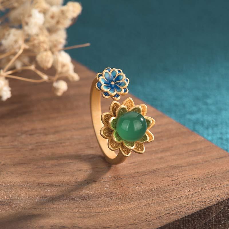 Lotus Pattern Jade Abundance Adjustable Ring