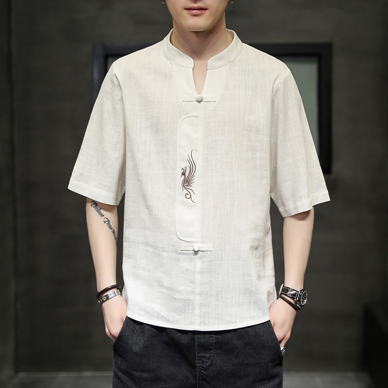 Frog-Button Phoenix Embroidery Chinese Tang Suit Short Sleeve Shirt Cotton Linen Men Clothing