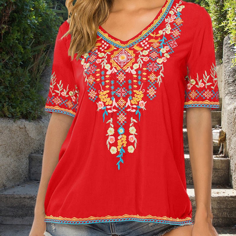 Embroidery Flower Design Short Sleeve V-neck Cotton Women's T-Shirt