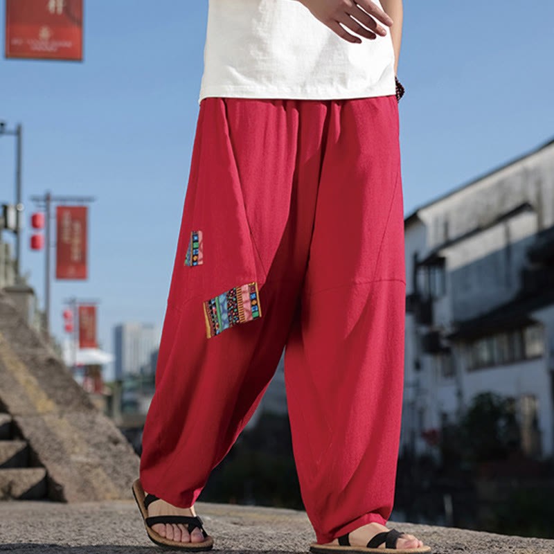 Simple Patchwork Design Drawstring Cotton Men's Wide Leg Pants With Pockets
