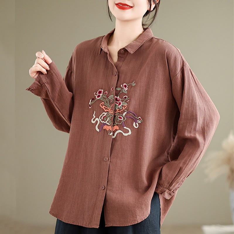 Flower Embroidery Long Sleeve Cotton Linen Women's Shirts