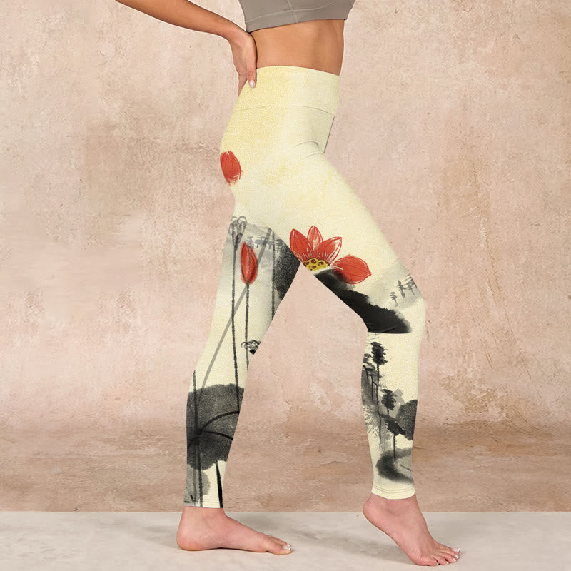 Lotus Mountains House Print Gym Leggings Women's Yoga Pants