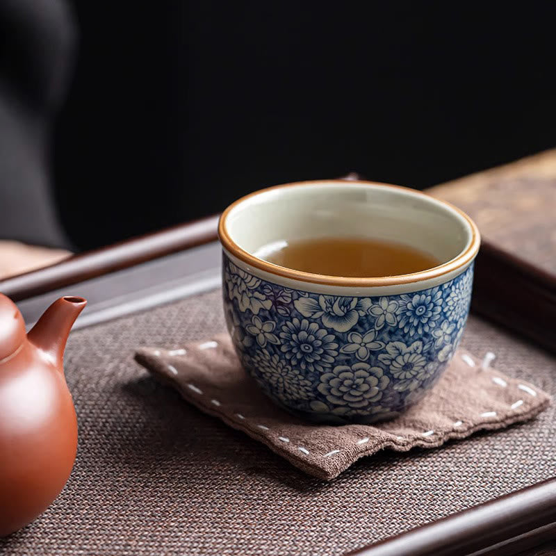 Blue Lotus Peach Blossom Chrysanthemum Design Ceramic Teacup Kung Fu Tea Cups