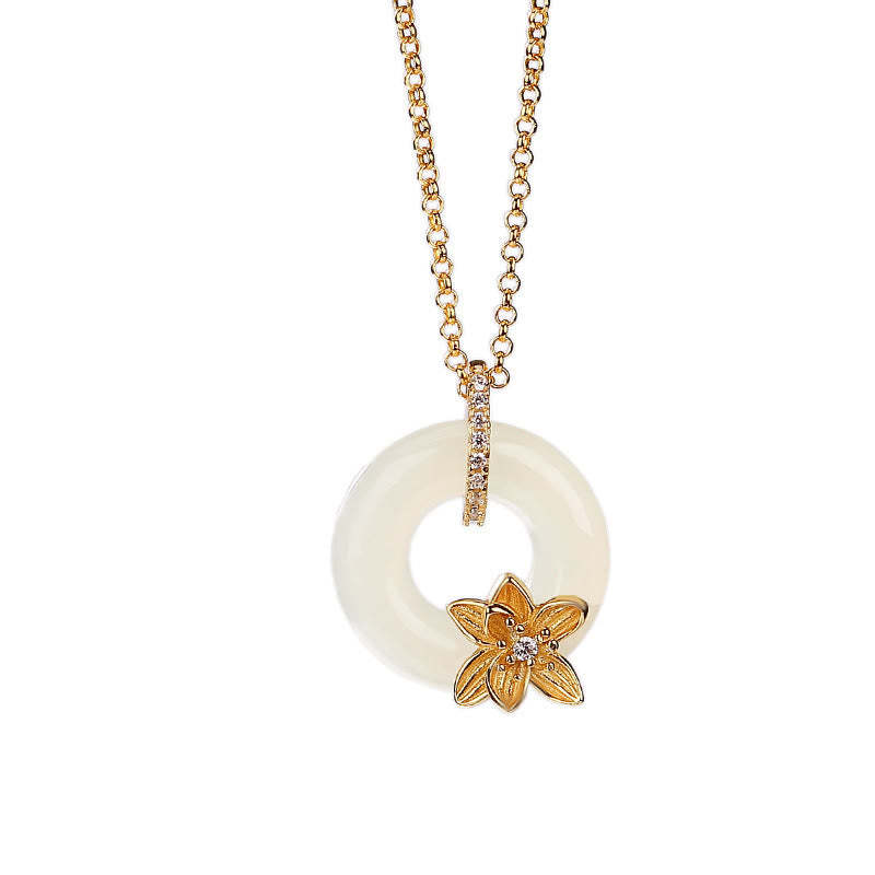 925 Sterling Silver Hetian Jade Peace Buckle Flower Luck Necklace Pendant