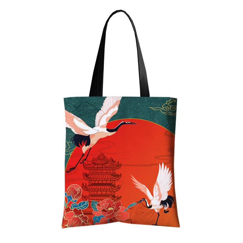 Crane Peony Chinese Character Hua Dan Canvas Zipper Shoulder Bag