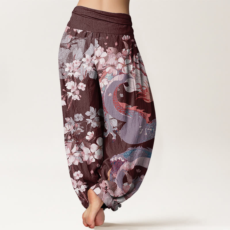 Casual Dragon Cherry Blossoms Women's Elastic Waist Harem Pants