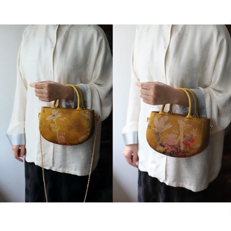 Vintage Flower Peony Metal Chain Zipper Handbag Crossbody Bag Shoulder Bag