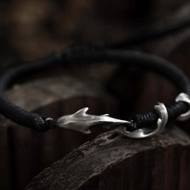 999 Sterling Silver Shark Black Wax Rope Protection Bracelet