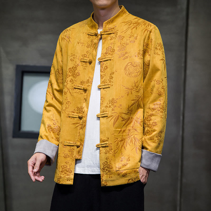 Chinese New Year Clothes Flowers Bamboo Solid Color Cuff Frog-button Tang Suit Cotton Men's Jacket Shirt With Pockets