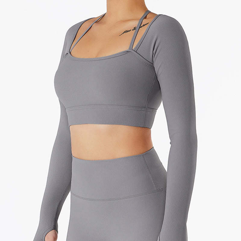 Ribbed Long Sleeve Crop Top T-shirt Shorts Sports Fitness Gym Yoga Outfits