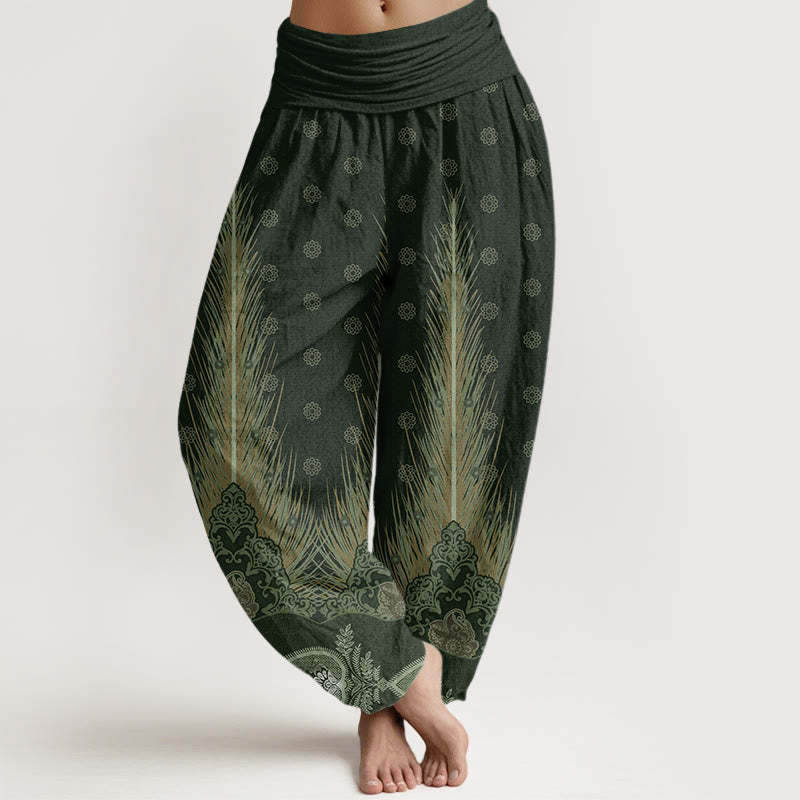 Feather Pattern Design Women's Elastic Waist Harem Pants