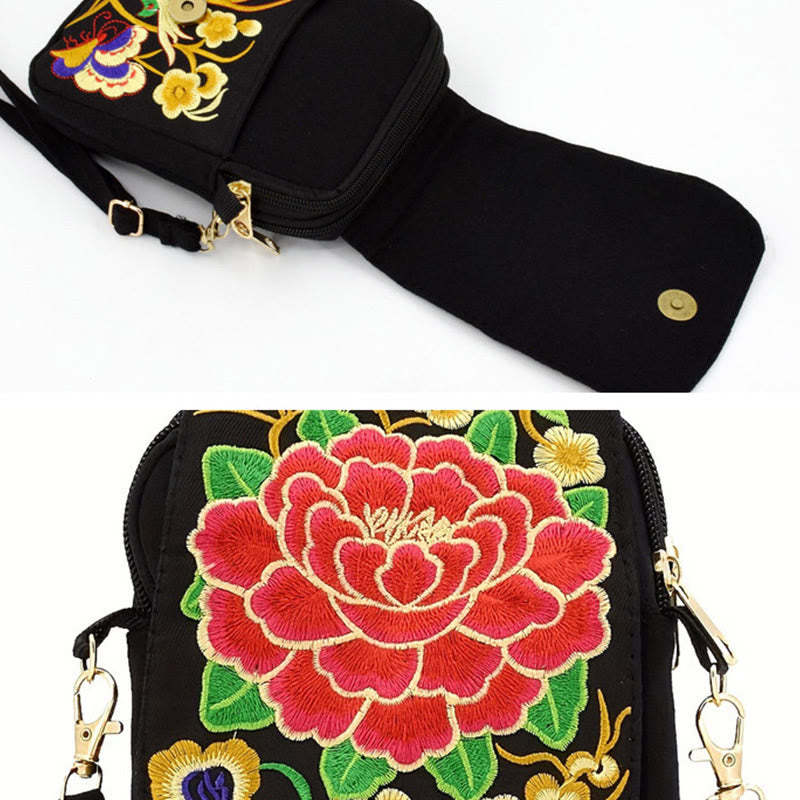 Inula Flower Peony Embroidery Canvas Shopping Purse Handbag Crossbody Bag
