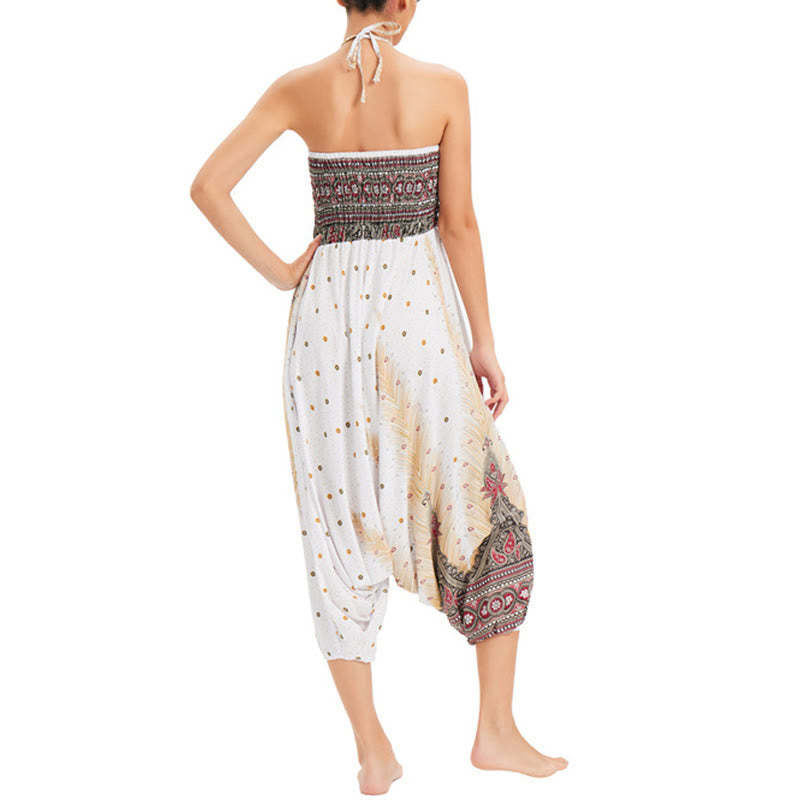 Two Style Wear Peacock Feather Loose Smocked Harem Trousers Jumpsuit High Waist Pants