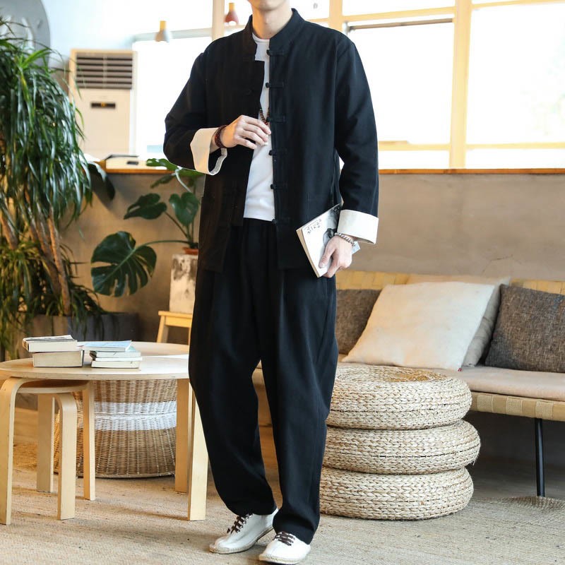 2Pcs Zen Tang Suit Men's Frog-Button Long Sleeve Shirt Pants Set With Pockets