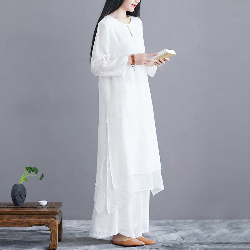 2Pcs Solid Color Midi Dress Wide Leg Pants Meditation Spiritual Zen Practice Yoga Dance Clothing