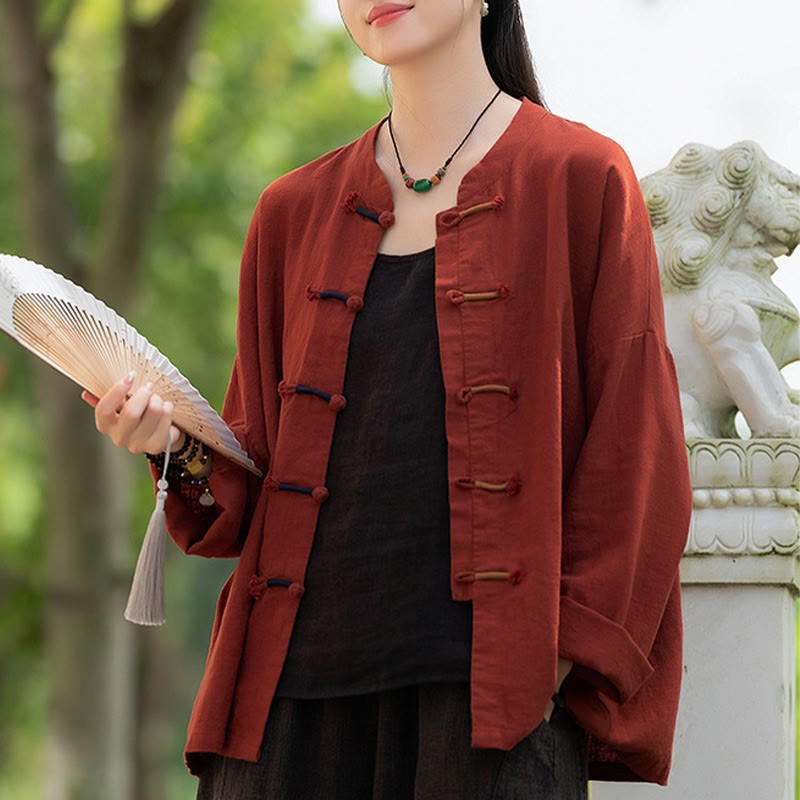 Solid Color Two-color Frog-button Long Sleeve Ramie Linen Women's Shirt