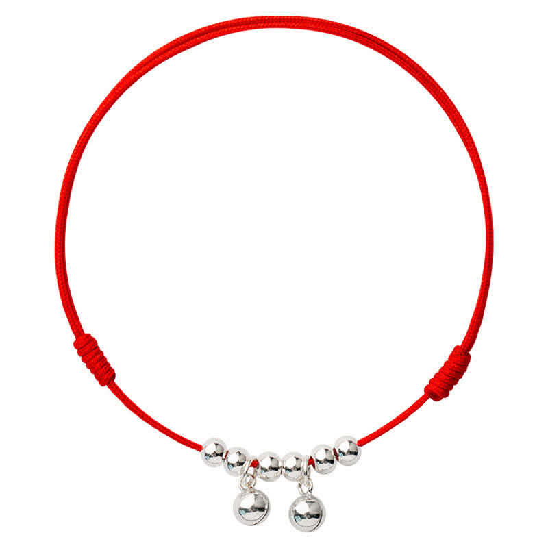 925 Sterling Silver Red String Braid Bell Charm Anklet