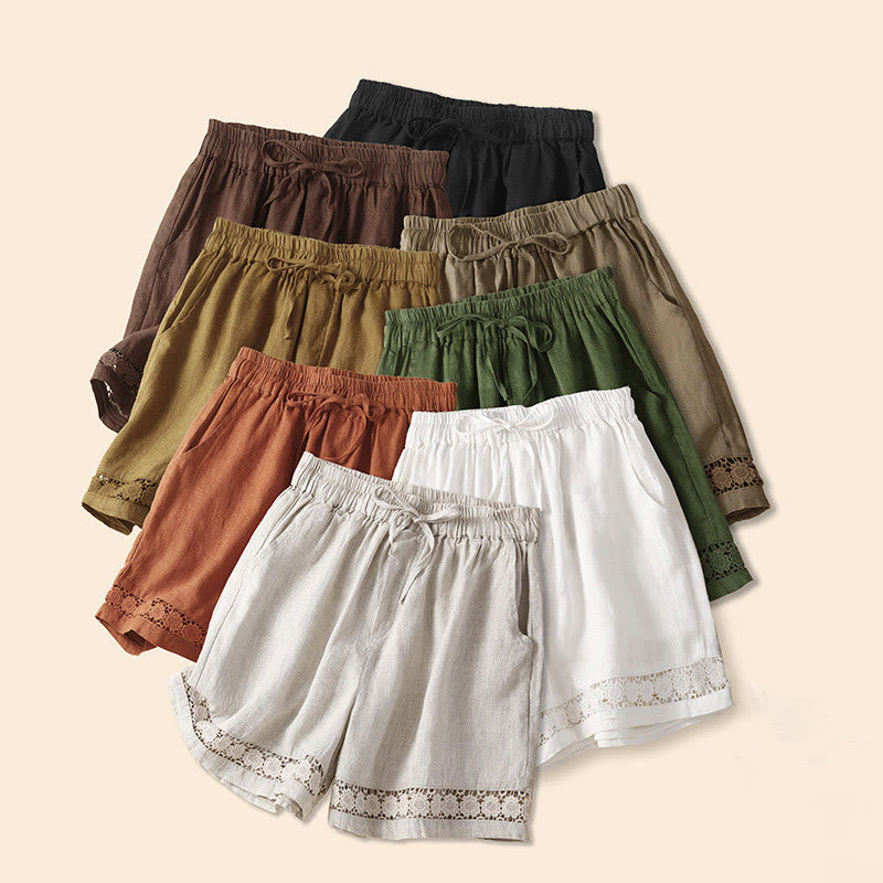Plain Color Bottom Hollow Lace Design Lace-up Cotton Linen Women's Shorts With Pockets