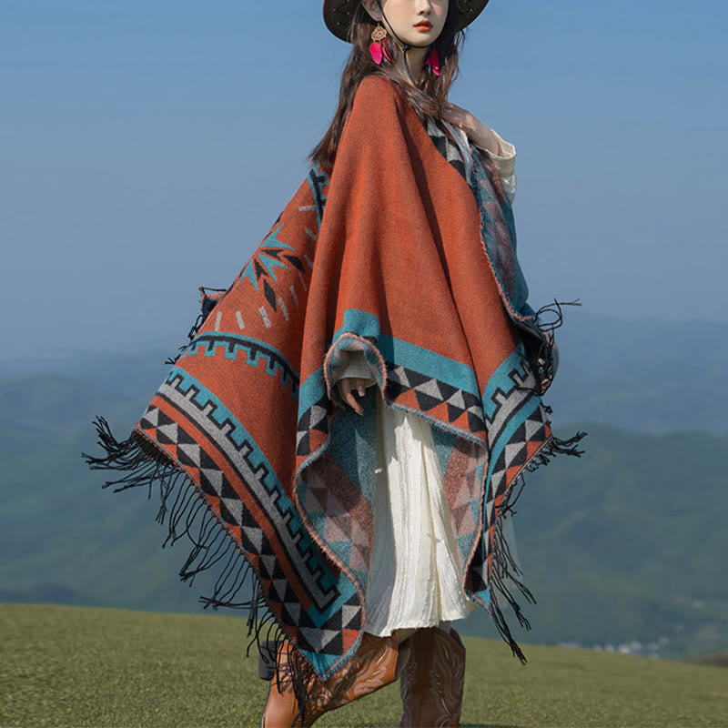 Tibetan Orange Geometric Rhombus Pattern Tassels Shawl Fall Winter Warm Scarf Wrap