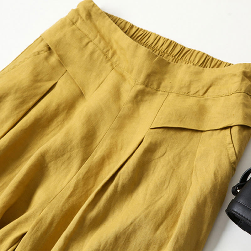 Plain Color Cotton Linen High Waist Wide Leg Pants With Pockets