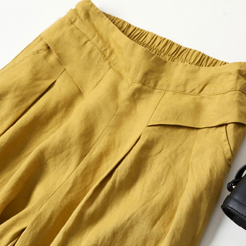 Plain Color Cotton Linen High Waist Wide Leg Pants With Pockets