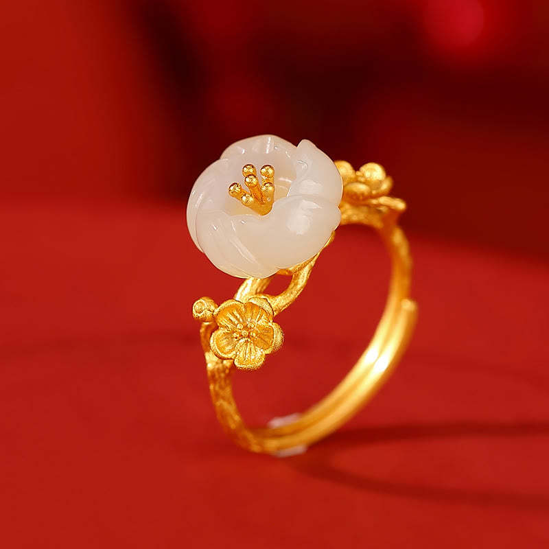 925 Sterling Silver Plated Gold Hetian Jade  Plum Blossom Luck Necklace Pendant Bracelet Bangle Ring