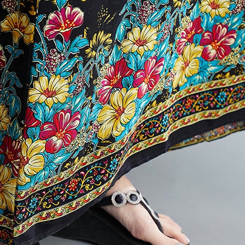 Casual Loose Printing Flower Pattern V-Neck Half Sleeve Design Polyester Midi Dress With Pockets