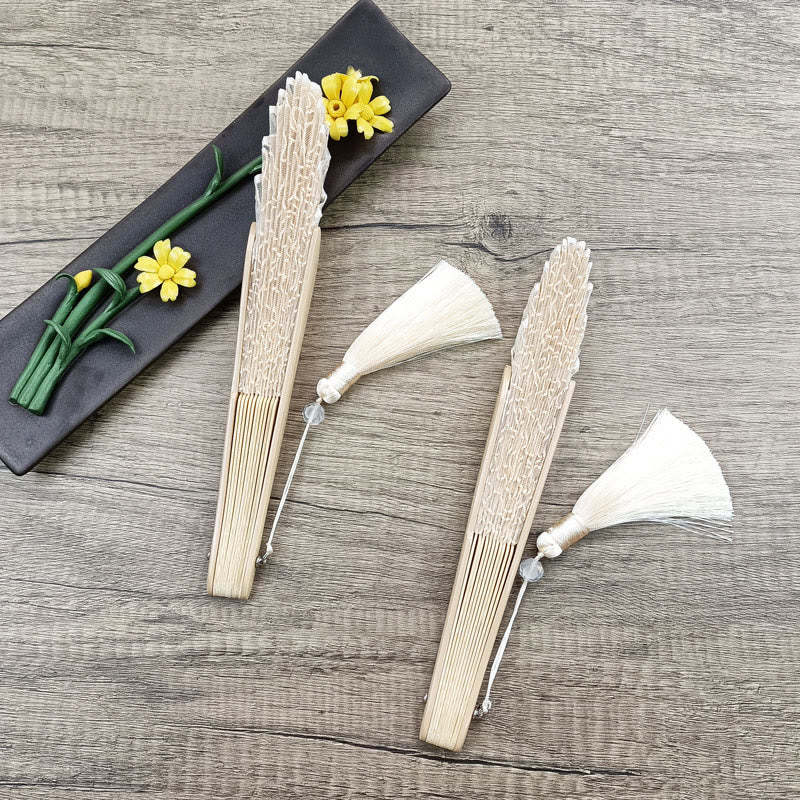 Rose Embroidery Lace Shell Shape Tassels Handheld Bamboo Folding Fan