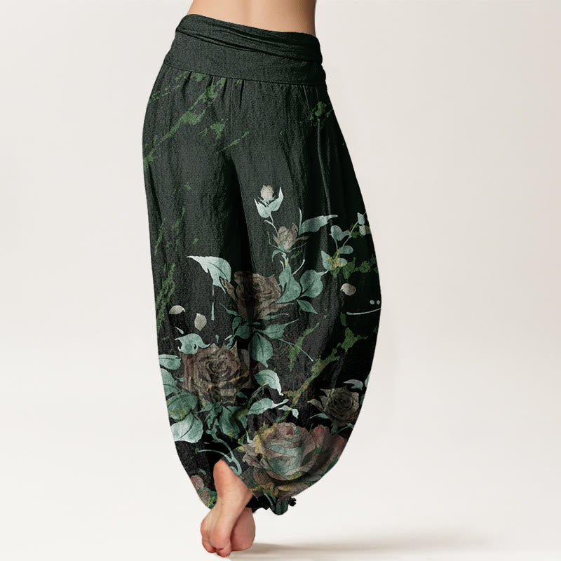 Blooming Roses Pattern Women's Elastic Waist Harem Pants
