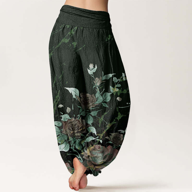 Blooming Roses Pattern Women's Elastic Waist Harem Pants