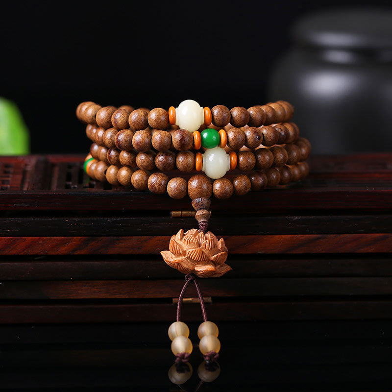 108 Mala Beads Peach Wood Bodhi?Seed Lotus Prayer Meditation Bracelet