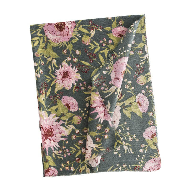 Tibetan Shawl Blooming Flower Lush Leaves Print Fall Winter Soft Warm Scarf Wrap