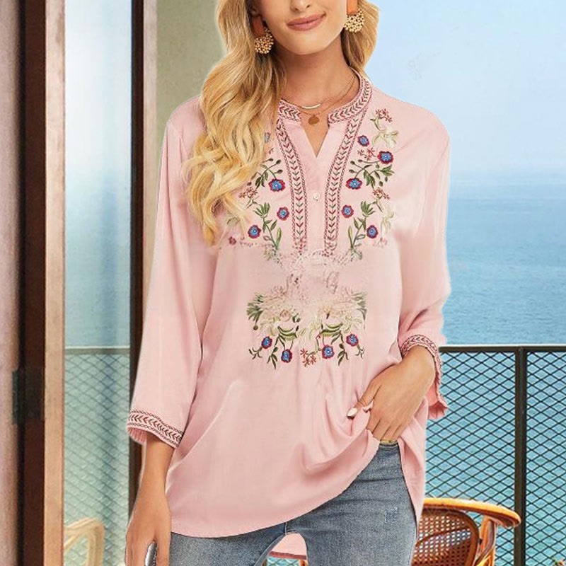 Pure Color Embroidery Flower Design Long Sleeve V-Neck Cotton Women's T-Shirt