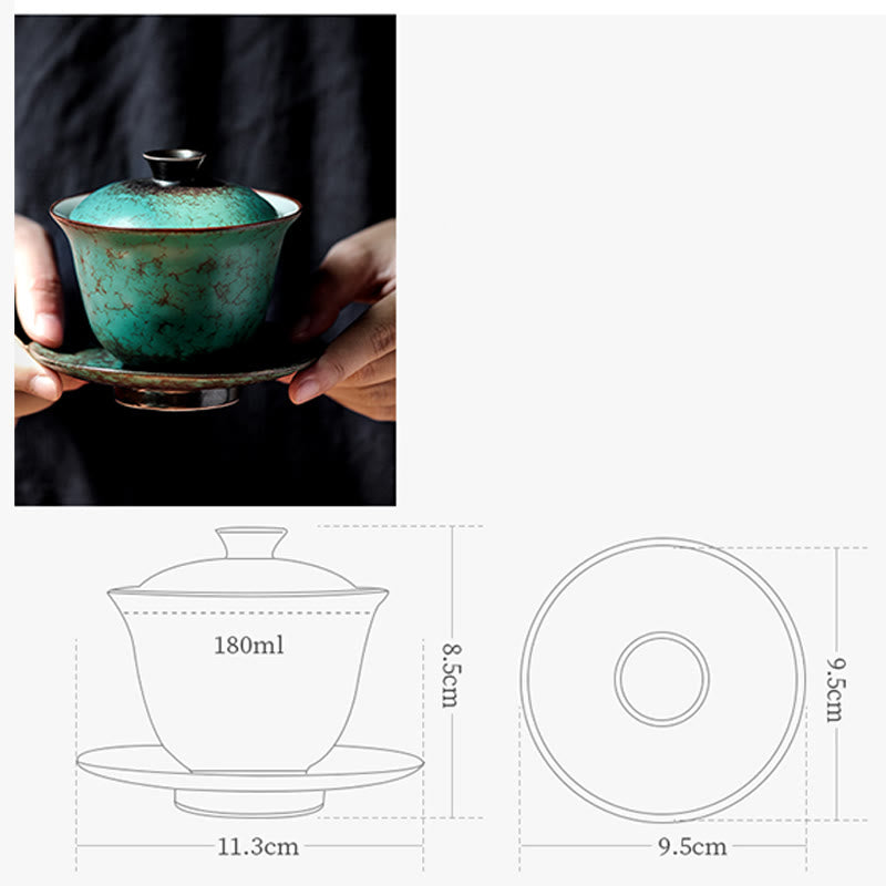 Retro Green Glaze Ceramic Gaiwan Sancai Teacup Kung Fu Tea Cup And Saucer With Lid