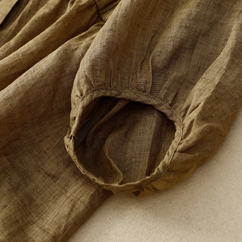 Spring Plain Button Half Puff Sleeve Waisted V-Neck Cotton Linen Women's Shirt