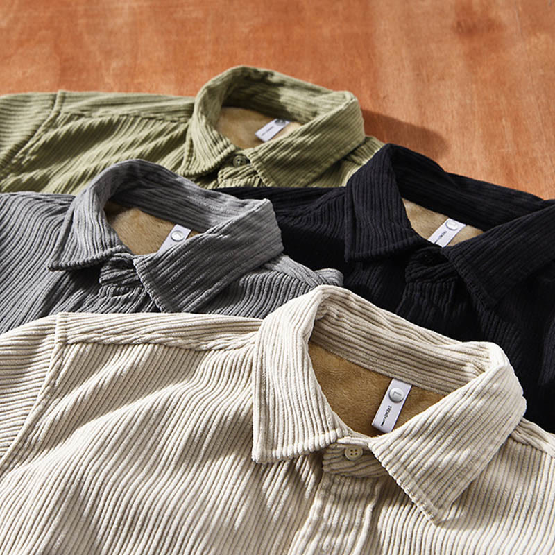 Men's Long Sleeve Fleece Lined With Pocket Corduroy Comfortable Shirt