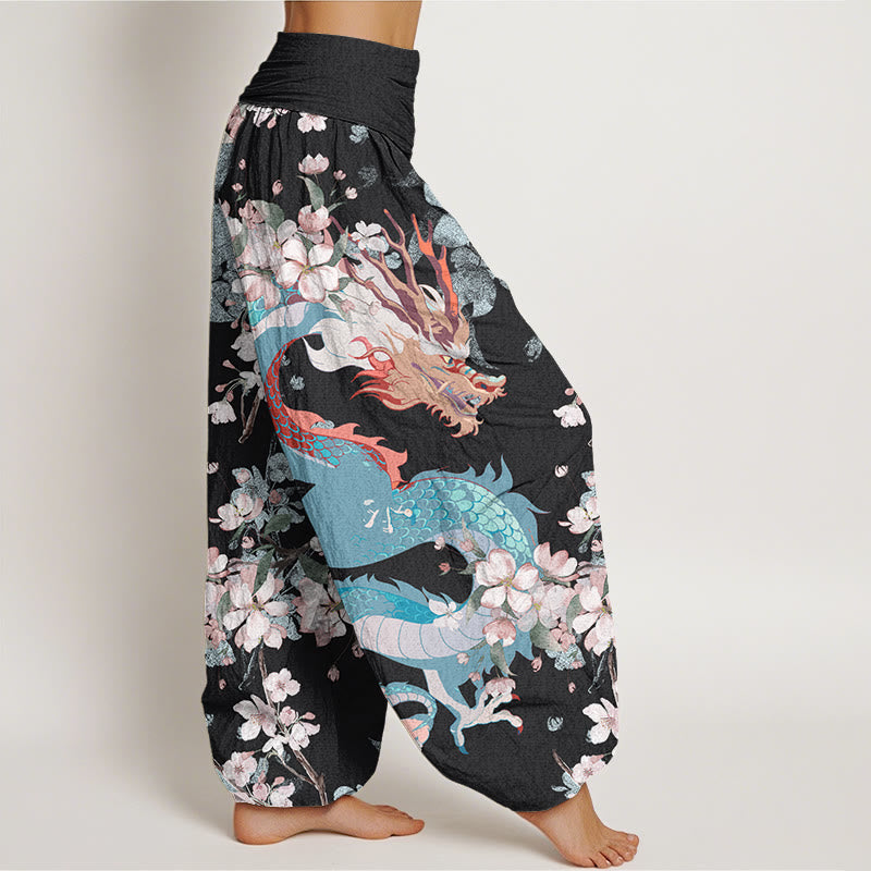 Casual Dragon Cherry Blossoms Women's Elastic Waist Harem Pants