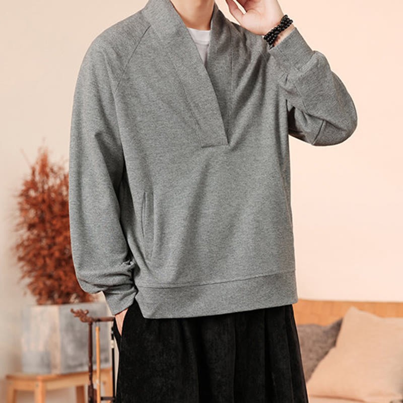 Fall Simple V-Neck Men's Sweatshirt Cotton Pullover With Pockets