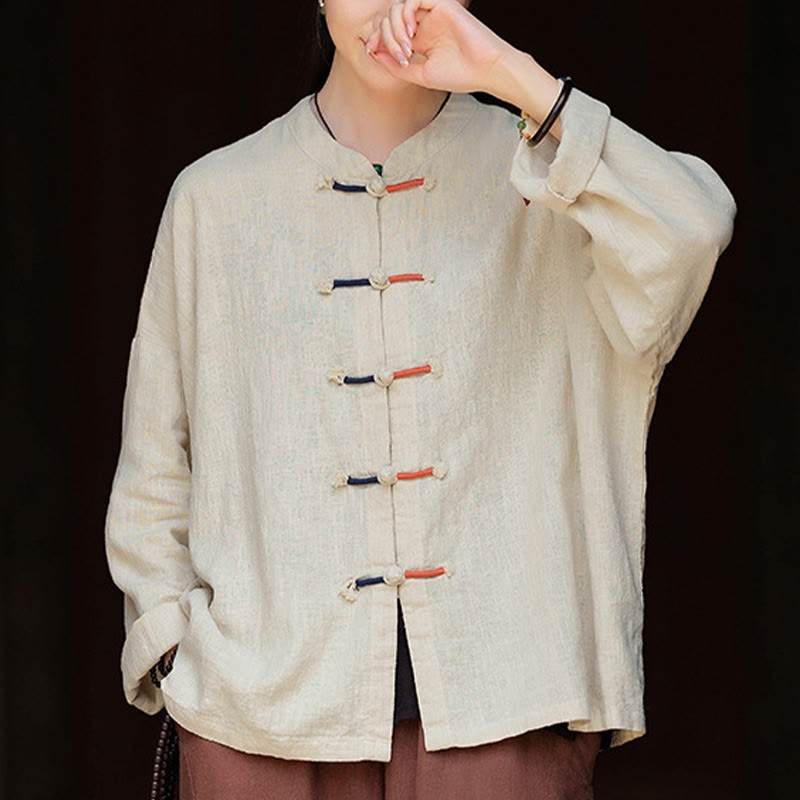 Solid Color Two-color Frog-button Long Sleeve Ramie Linen Women's Shirt