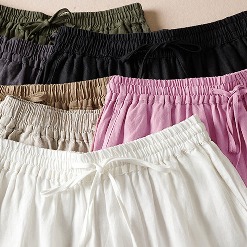 Summer Small Flower Embroidery Cotton Linen Harem Pants With Pockets
