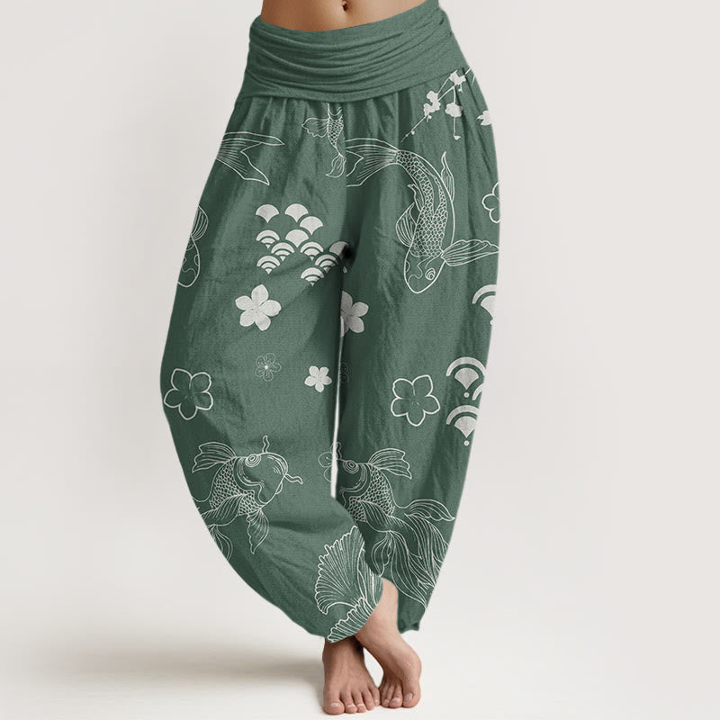 Koi Fish Waves Flowers Design Women's Elastic Waist Harem Pants