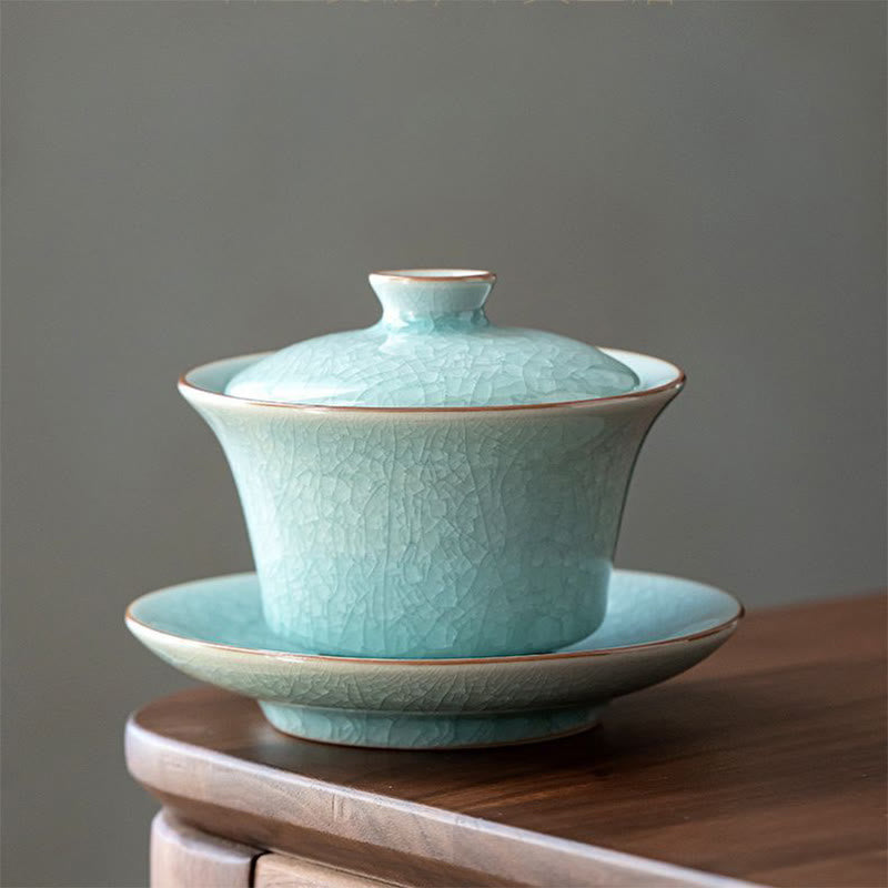 Retro Green Ice Glaze Ceramic Gaiwan Sancai Teacup Kung Fu Tea Cup And Saucer With Lid