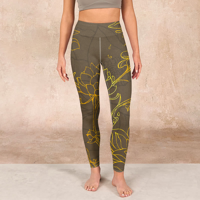 Yellowish Brown Lotus Flower Lotus Leaf Print Gym Leggings Women's Yoga Pants