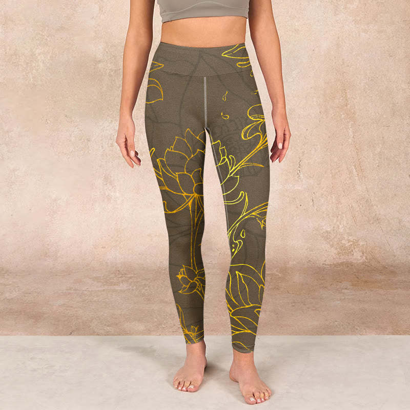 Yellowish Brown Lotus Flower Lotus Leaf Print Gym Leggings Women's Yoga Pants